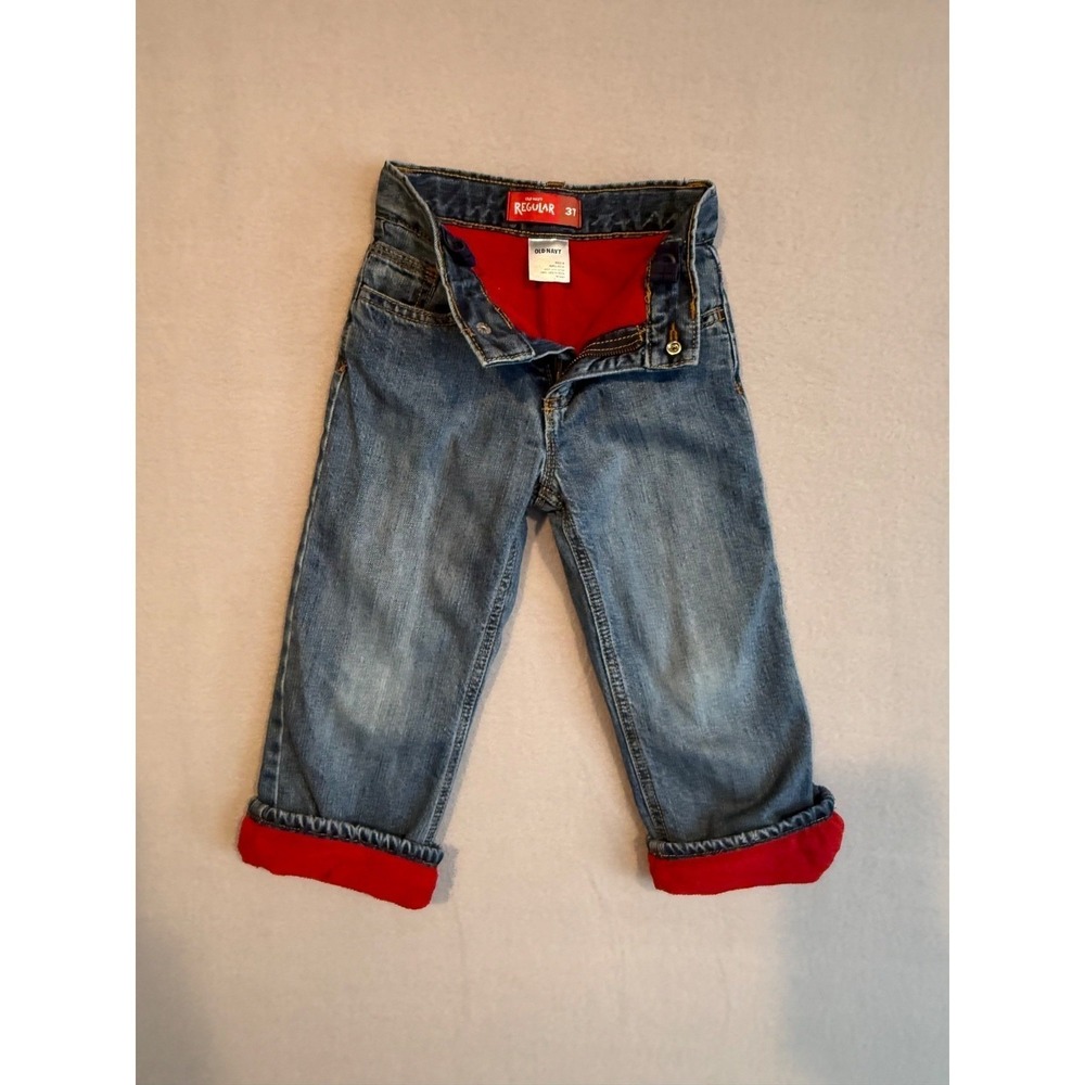 Old Navy boys 3t Fleece Lined Jeans Denim Red Warm winter Adjustable Waist